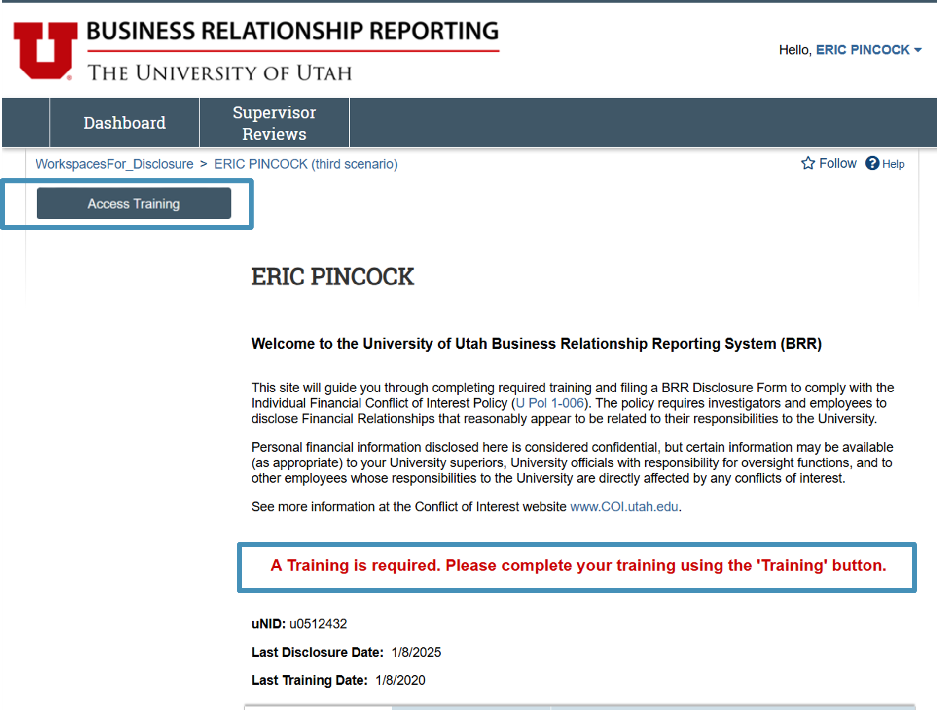 Dashboard of BRR highlighting Training Access